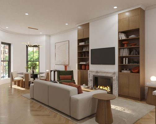 Dining room, Fireplace, Interior, Living room, Pendant Lights, Recessed Lighting, Wood Texture Flooring