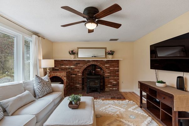 Fireplace, Interior, Living room, Stone Walls, Wood Texture Flooring