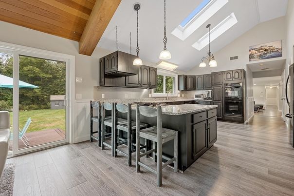Interior, Kitchen, Pendant Lights, Stainless Steel Appliances, Wooden Beams, Wooden Ceilings, Wood Texture Flooring