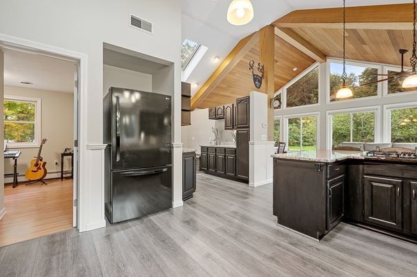 Interior, Kitchen, Pendant Lights, Wooden Ceilings, Wood Texture Flooring
