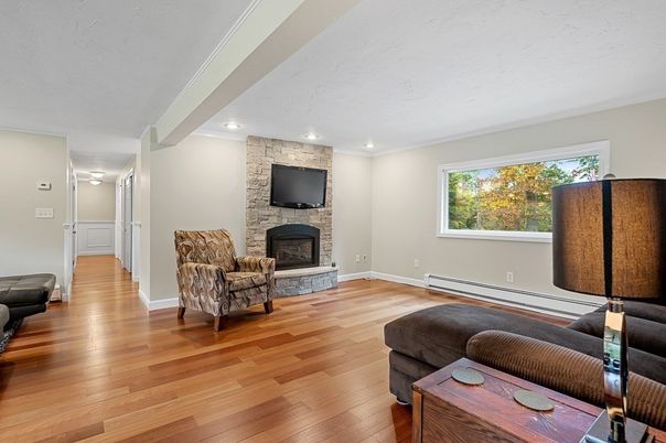 Fireplace, Interior, Recessed Lighting, Stone Walls, Wood Texture Flooring