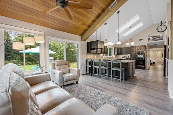 Interior, Kitchen, Living room, Pendant Lights, Stainless Steel Appliances, Wooden Ceilings, Wood Texture Flooring