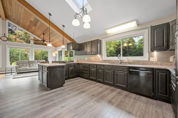 Interior, Kitchen, Pendant Lights, Wooden Ceilings, Wood Texture Flooring