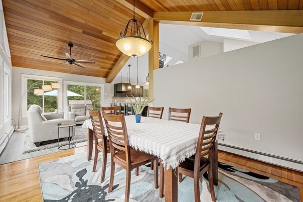 Dining room, Interior, Living room, Pendant Lights, Wooden Ceilings, Wood Texture Flooring