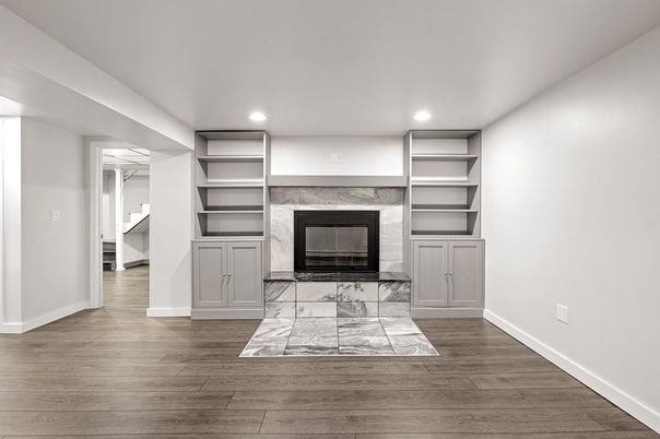 Fireplace, Interior, Marble, Recessed Lighting, Wood Texture Flooring