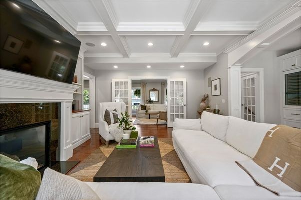 Fireplace, Interior, Living room, Recessed Lighting, Wood Texture Flooring