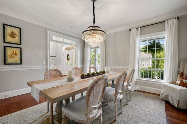 Chandelier, Dining room, Interior, Wood Texture Flooring