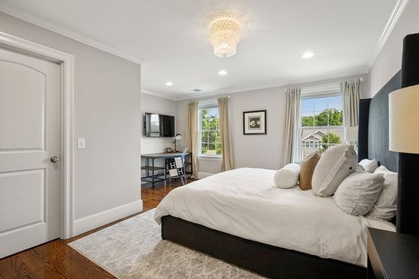 Bedroom, Chandelier, Interior, Recessed Lighting, Wood Texture Flooring