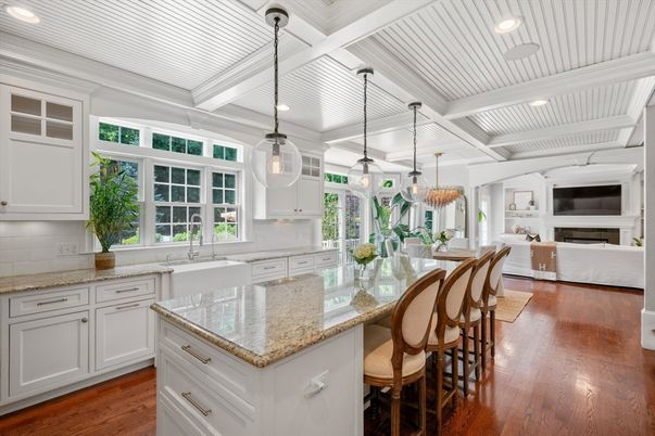 Chandelier, Dining room, Fireplace, Interior, Kitchen, Living room, Pendant Lights, Recessed Lighting, Wood Texture Flooring