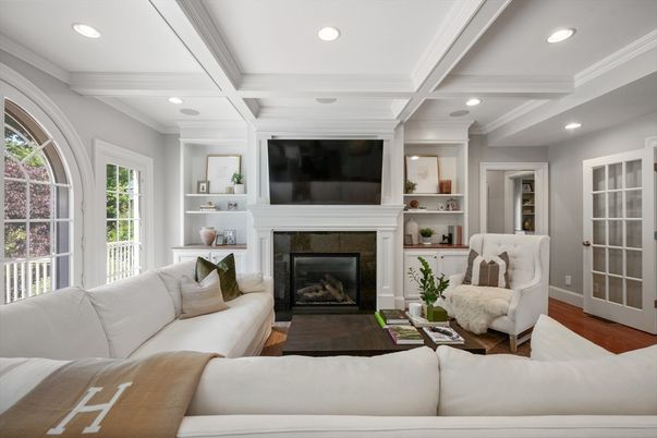 Fireplace, Interior, Living room, Recessed Lighting, Wood Texture Flooring