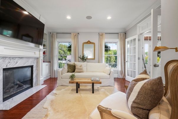 Fireplace, Interior, Living room, Recessed Lighting, Wood Texture Flooring