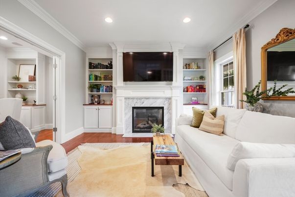 Fireplace, Interior, Living room, Recessed Lighting, Wood Texture Flooring