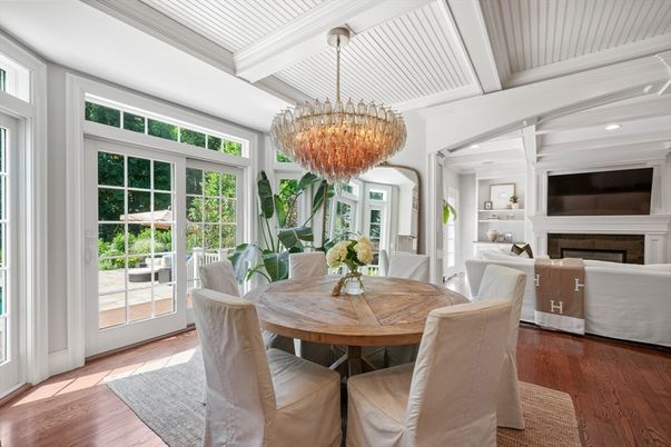 Chandelier, Dining room, Fireplace, Interior, Living room, Recessed Lighting, Wood Texture Flooring