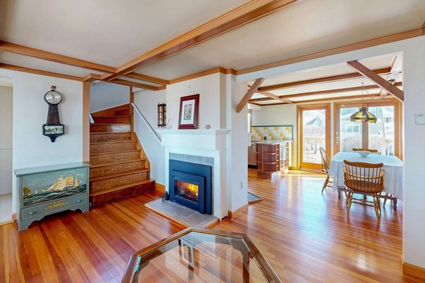 Dining room, Fireplace, Interior, Pendant Lights, Wooden Beams, Wood Texture Flooring