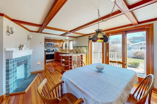 Dining room, Fireplace, Interior, Kitchen, Pendant Lights, Wooden Beams, Wood Texture Flooring