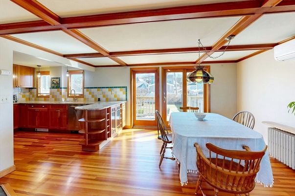 Dining room, Interior, Kitchen, Pendant Lights, Wooden Beams, Wood Texture Flooring