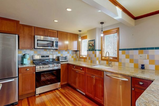 Interior, Kitchen, Pendant Lights, Recessed Lighting, Stainless Steel Appliances, Wood Texture Flooring