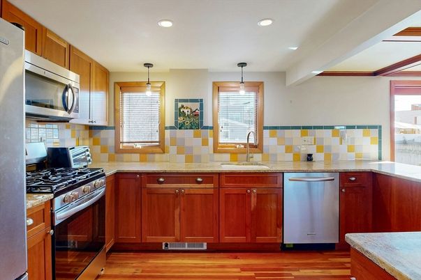 Interior, Kitchen, Pendant Lights, Recessed Lighting, Stainless Steel Appliances, Wood Texture Flooring