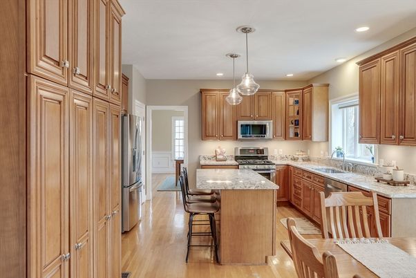 Interior, Kitchen, Pendant Lights, Recessed Lighting, Stainless Steel Appliances, Wood Texture Flooring