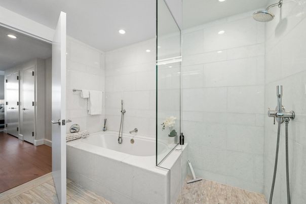 Bathroom, Glass Shower, Interior, Recessed Lighting, Wood Texture Flooring