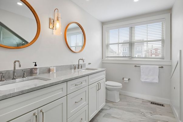 Bathroom, Dual Sink Vanities, Interior, Marble, Recessed Lighting
