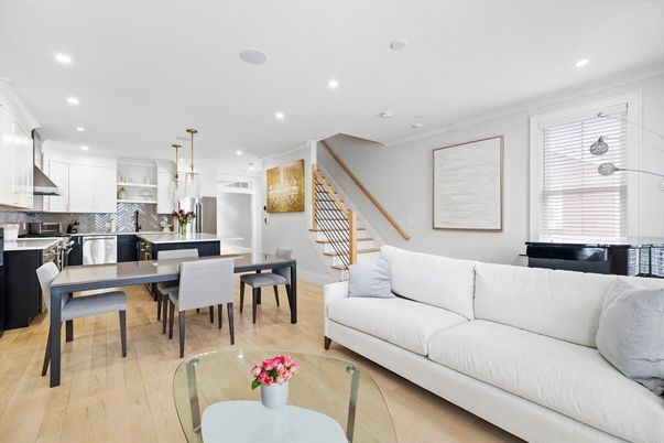 Dining room, Interior, Kitchen, Living room, Pendant Lights, Recessed Lighting, Stainless Steel Appliances, Wood Texture Flooring