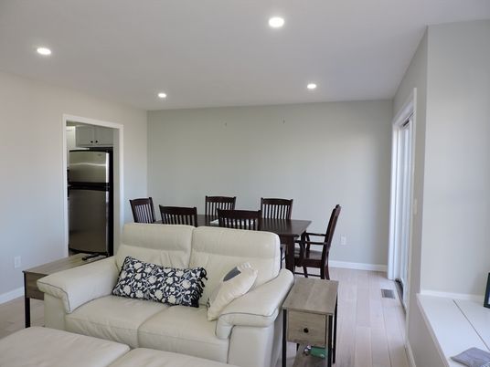 Dining room, Interior, Living room, Recessed Lighting, Stainless Steel Appliances, Wood Texture Flooring