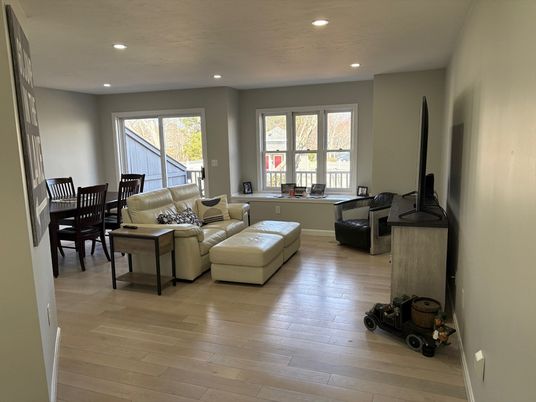 Dining room, Fireplace, Interior, Living room, Recessed Lighting, Wood Texture Flooring