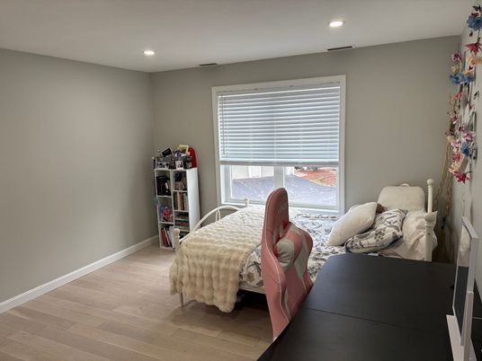 Bedroom, Interior, Recessed Lighting, Wood Texture Flooring
