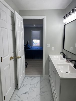 Bathroom, Dual Sink Vanities, Interior, Marble, Recessed Lighting