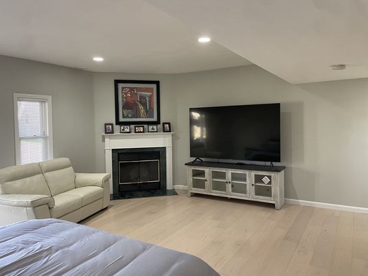 Fireplace, Interior, Living room, Recessed Lighting, Wood Texture Flooring