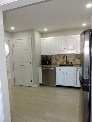 Interior, Kitchen, Recessed Lighting, Stainless Steel Appliances, Wood Texture Flooring