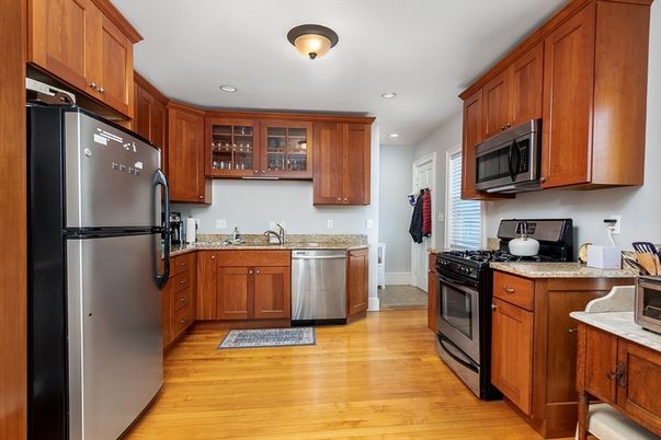 Interior, Kitchen, Recessed Lighting, Stainless Steel Appliances, Wood Texture Flooring