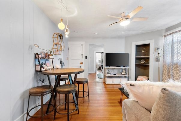 Dining room, Interior, Living room, Pendant Lights, Wood Texture Flooring