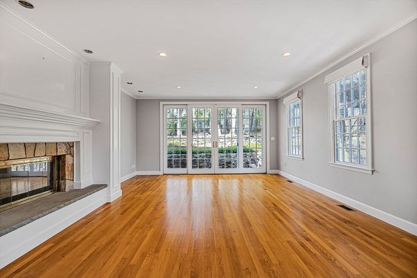 Empty room, Fireplace, Interior, Recessed Lighting, Wood Texture Flooring