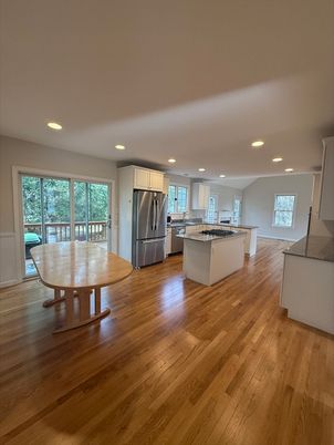 Dining room, Interior, Kitchen, Recessed Lighting, Stainless Steel Appliances, Wood Texture Flooring