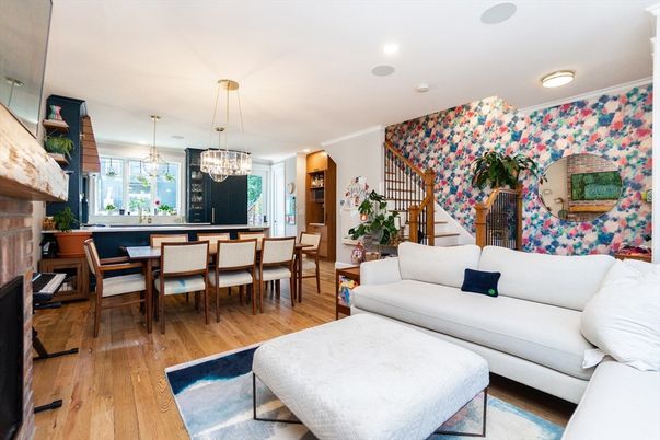 Dining room, Fireplace, Interior, Living room, Pendant Lights, Recessed Lighting, Wood Texture Flooring