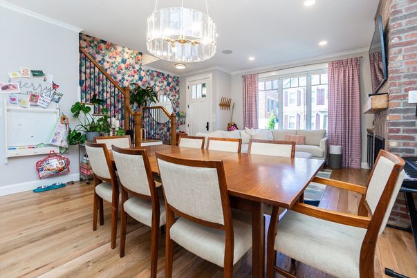 Dining room, Fireplace, Interior, Recessed Lighting, Stone Walls, Wood Texture Flooring