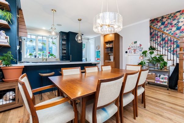 Dining room, Interior, Pendant Lights, Recessed Lighting, Wood Texture Flooring