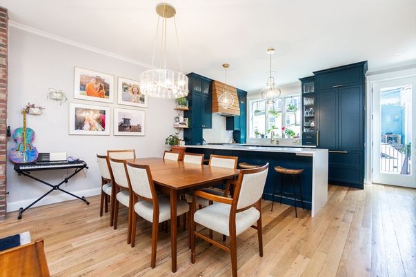 Dining room, Interior, Pendant Lights, Wood Texture Flooring