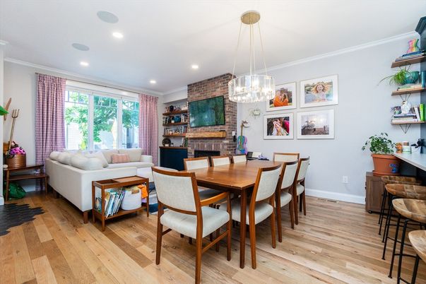 Dining room, Fireplace, Interior, Living room, Pendant Lights, Recessed Lighting, Stone Walls, Wood Texture Flooring