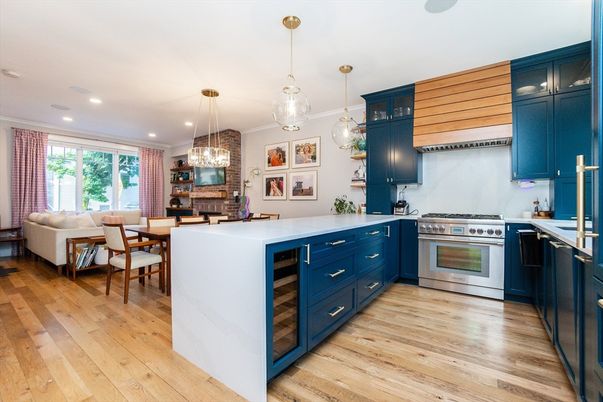 Dining room, Fireplace, Interior, Kitchen, Living room, Pendant Lights, Recessed Lighting, Stainless Steel Appliances, Wood Texture Flooring