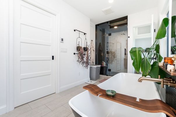 Bathroom, Free Standing Baths, Glass Shower, Interior, Marble Walls, Recessed Lighting