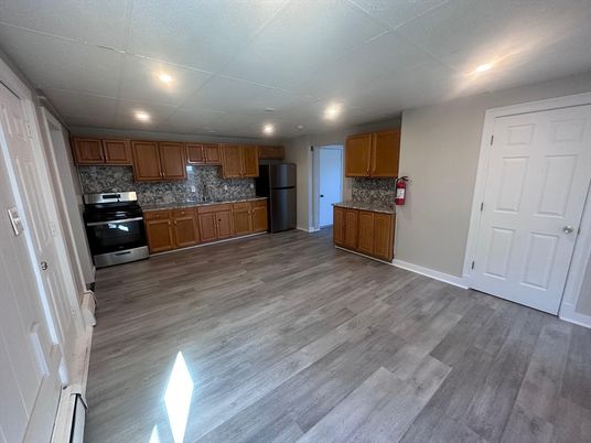 Interior, Kitchen, Recessed Lighting, Stainless Steel Appliances, Wood Texture Flooring