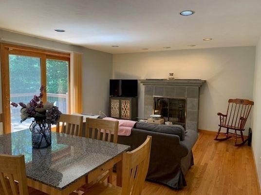Dining room, Fireplace, Interior, Living room, Recessed Lighting, Wood Texture Flooring