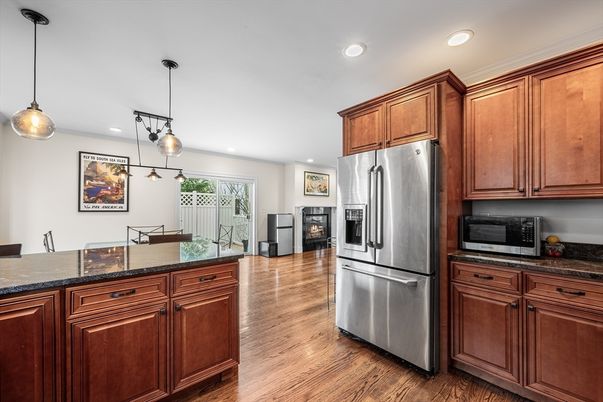 Interior, Kitchen, Pendant Lights, Recessed Lighting, Stainless Steel Appliances, Wood Texture Flooring