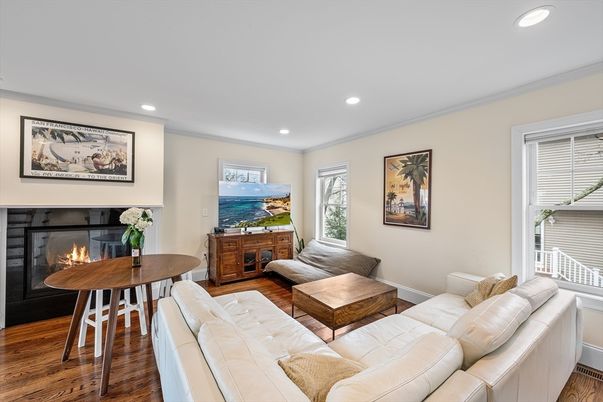 Fireplace, Interior, Living room, Recessed Lighting, Wood Texture Flooring