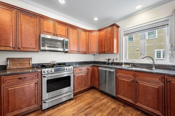 Interior, Kitchen, Recessed Lighting, Stainless Steel Appliances, Wood Texture Flooring