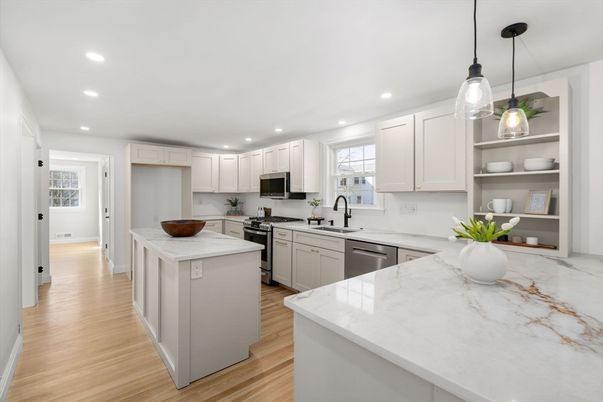 Interior, Kitchen, Pendant Lights, Recessed Lighting, Stainless Steel Appliances, Wood Texture Flooring
