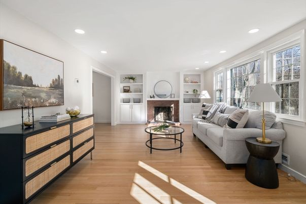 Fireplace, Interior, Living room, Recessed Lighting, Wood Texture Flooring